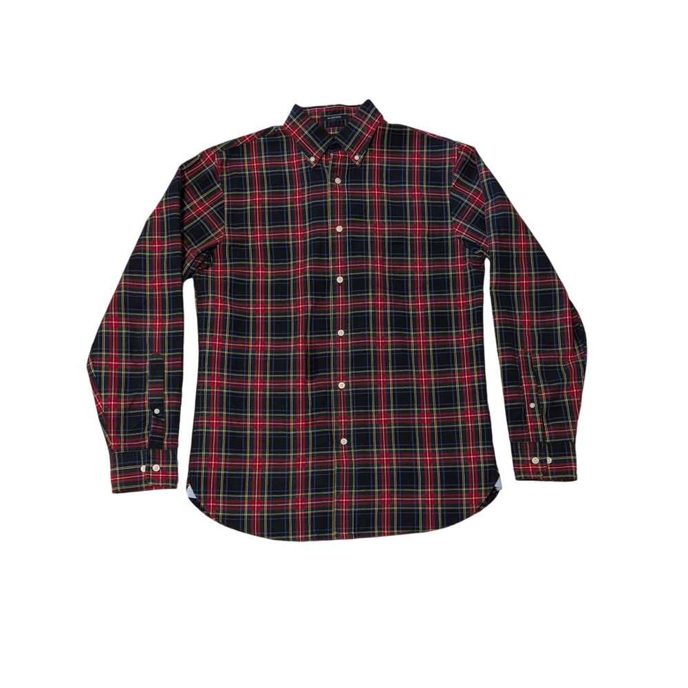 Lands End Sail Rigger Oxford Shirt Red Navy Plaid Traditional Fit Mens Small